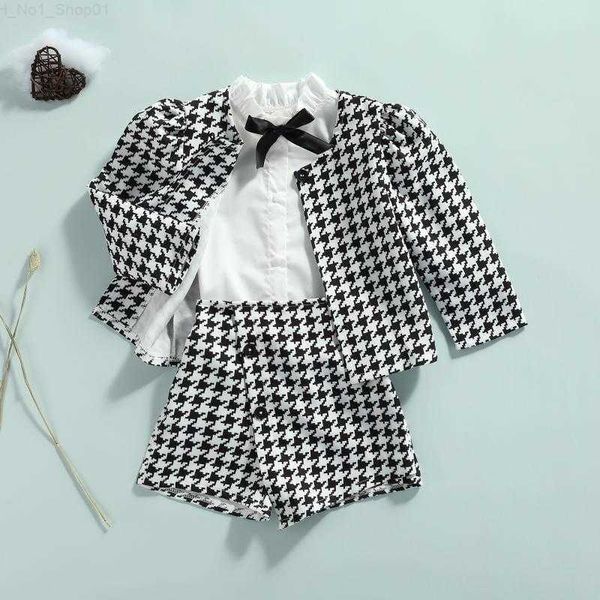 Ensembles de vêtements Ensembles de vêtements Enfants Toddler Bébé Fille Automne Hiver Vêtements Pied de Poule À Manches Longues Veste À Volants Chemise Top Mini Jupe Shorts 3 PCS Tenues Ensemble Z230726