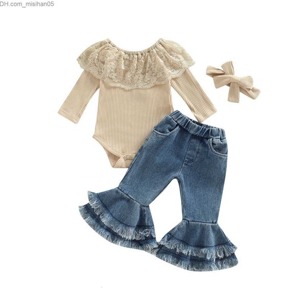 Conjuntos de ropa Conjuntos de ropa ma baby 3 24M nacido Infant Toddler Baby Girls Conjunto de ropa Encaje Knit Romper Ruffle Denim Pantalones Jeans Moda Otoño Trajes D01 230103 Z230703