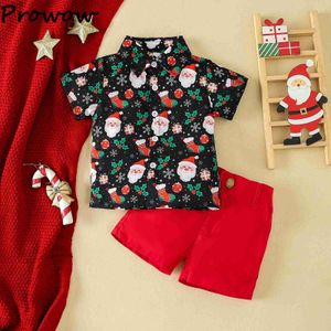 Ensembles de vêtements de vêtements de vêtements Prowow Boys Christmas Tenues pour les enfants à manches courtes de Noël Shirtsred Shorts Festival Année Costume C240413