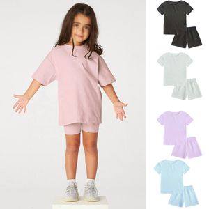 Conjuntos de ropa Colección Niños pequeños Ropa para bebés Conjunto de chándal de 2 piezas Camiseta de algodón de manga corta de gran tamaño Pantalones cortos Ropa deportiva Leggins 230417