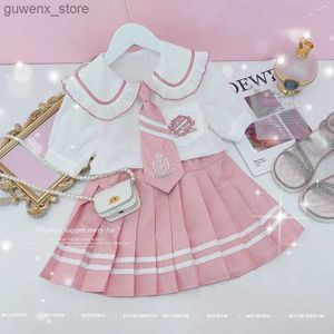 Kledingsets College Style JK Uniform Pak Korean Junior Girls Summer Kleding Korte mouwen Shirt+ geplooide rokset Stuur Tie Kids Loungewear Y240412Y240417QBEZ