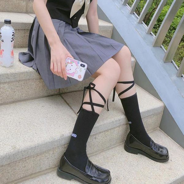 Conjuntos de ropa de colores para niña, bonitos calcetines elásticos góticos para mujer, con cordones cruzados, en blanco y negro, para uniforme escolar JK, ropa para estudiantes