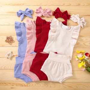 Ensembles de vêtements couleurs pour bébés filles et garçons, 3 pièces, hauts à manches volantes, short, bandeau, ensemble de 0 à 24 mois