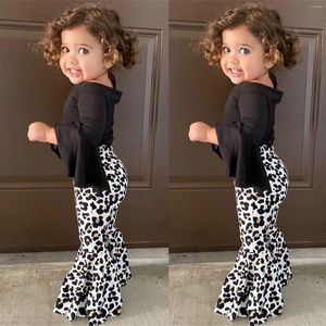 Ensembles de vêtements confortables bébé filles ensemble hiver manches évasées hauts pantalons imprimés léopard 2pcs survêtement enfants costumes enfants tenues