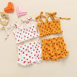Kledingsets katoen linnen zomer babymeisjes kleren set hartprint verbanden spaghetti riem mouwloze tops ruches camisole en shorts