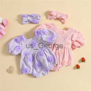 Ensembles de vêtements mignon bébé vêtements été nouvelle mode infantile enfant en bas âge filles vêtements dentelle fleur à manches courtes barboteuse combinaison avec bandeau J230630