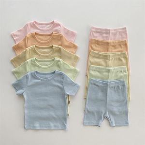 Conjuntos de ropa Lindo bebé niña simple color caramelo sólido camiseta suave cómodo mangas cortas camisetas pantalones cortos de algodón 2 piezas conjunto niño niño traje ropa