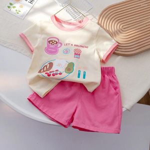 Ensembles de vêtements mignons bébés filles vêtements été dessin animé imprimé à manches courtes t-shirts rose shorts 2 pièces enfants costume décontracté enfants 1-6 ans