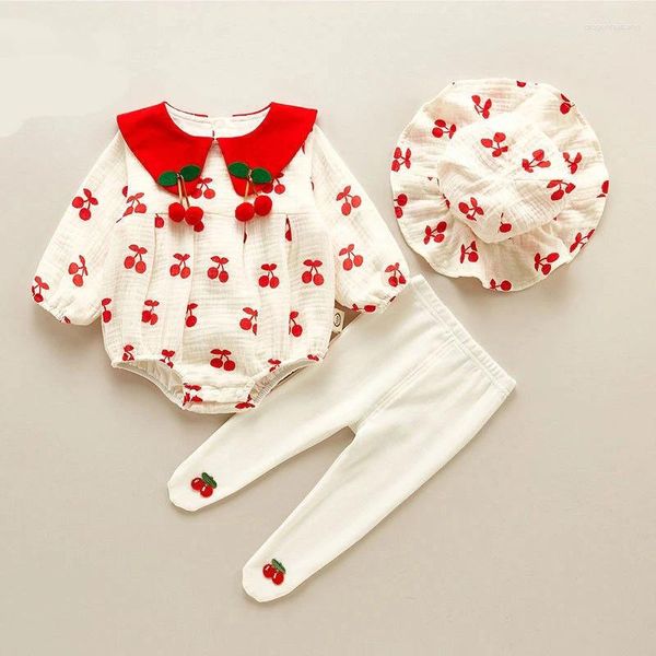 Conjuntos de ropa Ropa linda para bebés, niña pequeña, mono, sombreros, pantalones, 3 uds., estampado de cerezas de dibujos animados, ropa infantil de algodón Kawaii 0-3 años