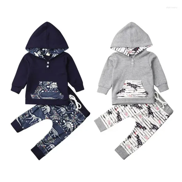 Conjuntos de ropa Dinosaurios lindos para bebés y niños Ropa para niños Tops con capucha de manga larga Pantalones 2 piezas Trajes 0-4Y