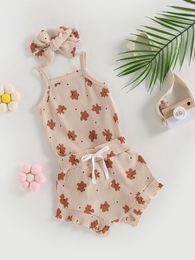 Conjuntos de roupas Lindo macacão sem mangas com estampa floral com cintura elástica, shorts e faixa para a cabeça - Conjunto adorável de 3 peças para bebês meninas