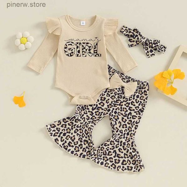 Ensembles de vêtements Mignon imprimé léopard bébé filles vêtements ensemble automne printemps tenues côtelées à manches longues barboteuse pantalon évasé bandeau tenues pour bébés