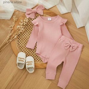 Ensembles de vêtements mignon belle bébé vêtements ensemble printemps enfants filles 3 pièces tenues côtelées à manches longues barboteuse pantalon arc bandeau ensemble pour vêtements pour bébés