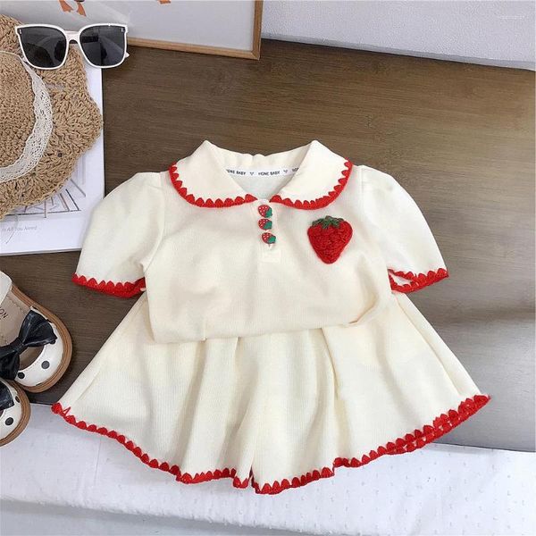 Vêtements Ensembles Mignon Fraise Shorts Ensemble Pour Fille 2-8Y Enfants Été Col Rabattu Chemise Lâche Taille Élastique Solide Pantalon Court Enfants