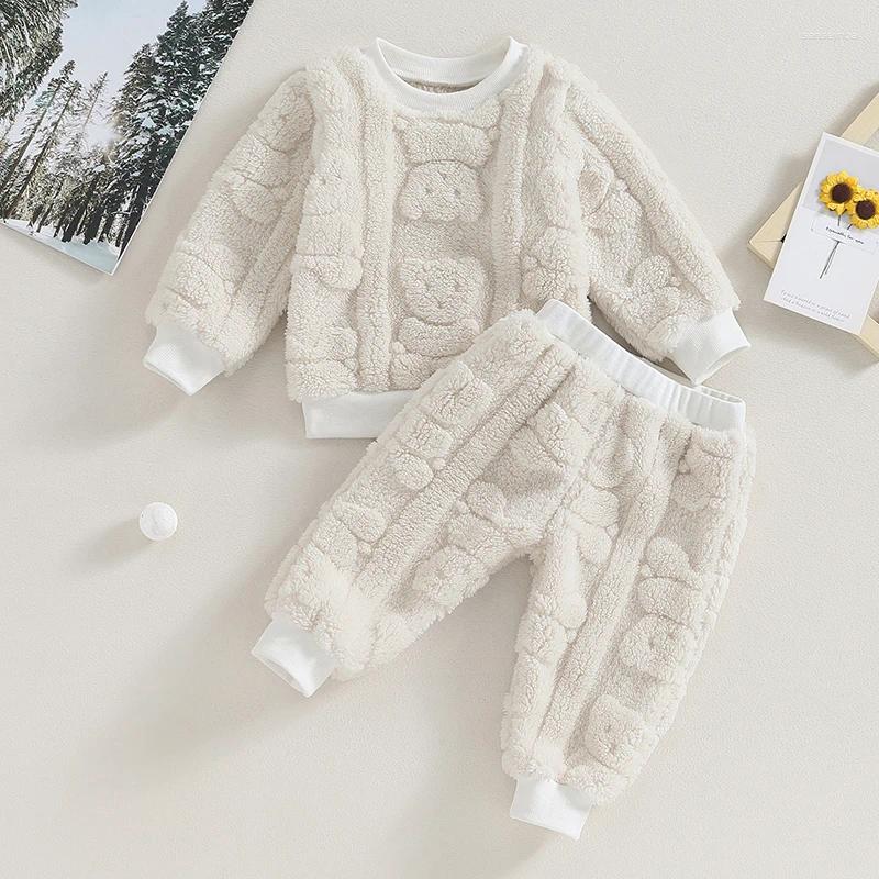 Kläderuppsättningar söta småbarn Baby Boys Plush Pants Tracksuits Set Winter Furry Bear Långärmad tröja Sweatpants Spädbarn Tjockade kläder