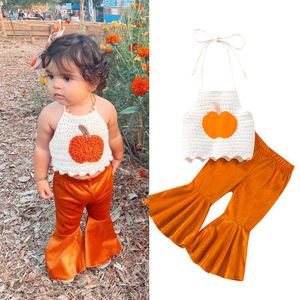 Conjuntos de ropa para niñas pequeñas, traje de punto con cuello Halter de calabaza, camisetas sin mangas, pantalones acampanados de terciopelo sólido, conjunto de ropa PCS