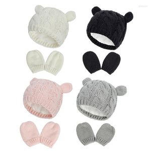 Ensembles de vêtements D7YD hiver chaud chapeau gants ensemble pour enfants 0-3 ans bébé garçon et fille tricot solide mignon bonnet de laine pleine mitaine