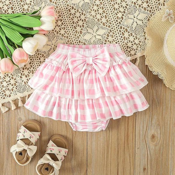 Ensembles de vêtements papa filles vêtements pour bébés barboteuse et short à carreaux avec bandeau 3 pièces tenue de fille née