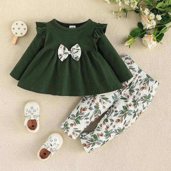 Ensembles de vêtements vert foncé - manches à la taille avec nœud floral et pantalon à motif de style pastoral ensemble deux pièces pour enfants tenue pour bébé fille
