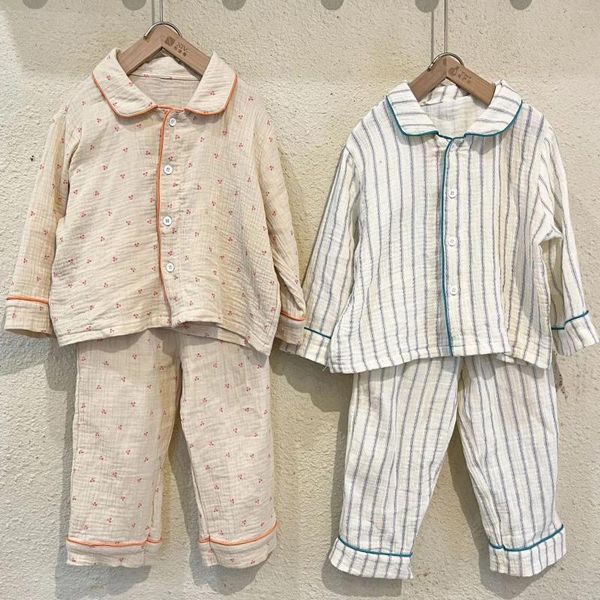 Conjuntos de ropa Deer Jonmi 2023 Otoño Niños Pijamas Manga larga Tops Pantalones 2 unids Cereza a rayas Impreso Niños Niños Ropa de dormir Trajes