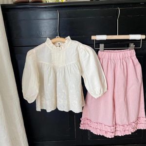 Ensembles de vêtements Deer Jonmi 2024 Printemps Tout-petits Filles Princesse Broderie Blouse À Manches Bouffantes Rose Pantalon À Jambes Larges 2pcs Enfants Tenues Mignonnes