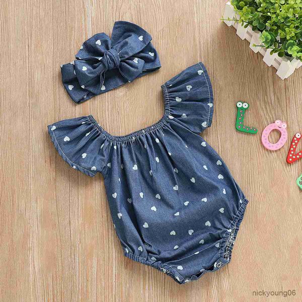 Ensembles de vêtements Denim Type nouveau-né bébé filles barboteuse 2 pièces combinaison Sunsuit tenues ensemble vêtements avec arc bandeau 0-2Y