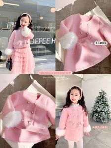 Ensembles de vêtements Double boutonnage manteau jupe courte 2 pièces enfants hiver princesse vêtements ensemble enfant en bas âge fille automne enfants treillis costume élégant 231204