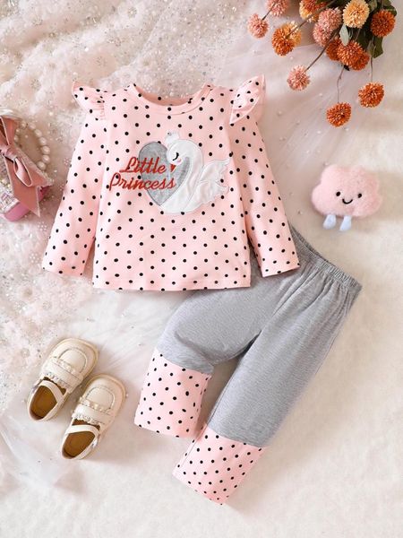 Sets de ropa Temprano Spring Girls Juego de cuello redondo Carta de manga larga Dot Corazón Blanco Swan Top Moda Pantalones de estilo Extranjero Niños infantiles