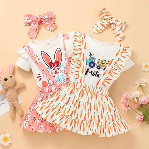 Kledingsets Easter Baby Babymeisjes Kleding Set Peuter schattige cartoon Gedrukt Romper Bodysuit Ruches Suspenders Rokken outfits