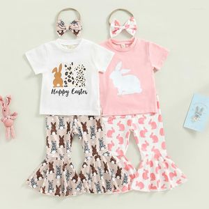 Kledingsets Easter Little Girls Kleding Kids Afdrukken Korte mouw T-shirt Flare Pants Hoofdband Zomeroutfits voor kinderen 1-6 jaar