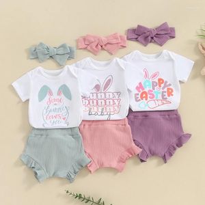 Kledingsets Easter Summer Born Baby Girls Ooorletter Afdrukken Korten met korte mouw Ruches Ribbed Shorts Hoofdkleding
