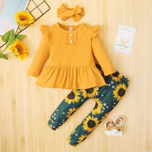 Ensembles de vêtements Emmababy 2023 automne 18m-6y enfants enfant en bas âge bébé fille 3 pièces ensemble robe de style jaune à volants à manches longues haut tournesol imprimé pantalon b