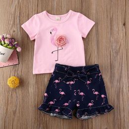 Conjuntos de ropa Emmababy Toddler Kids Baby Girl Flamingos Ropa Camiseta de manga corta Top Ruffles Animal Printed Shorts Outfit SummerClothing