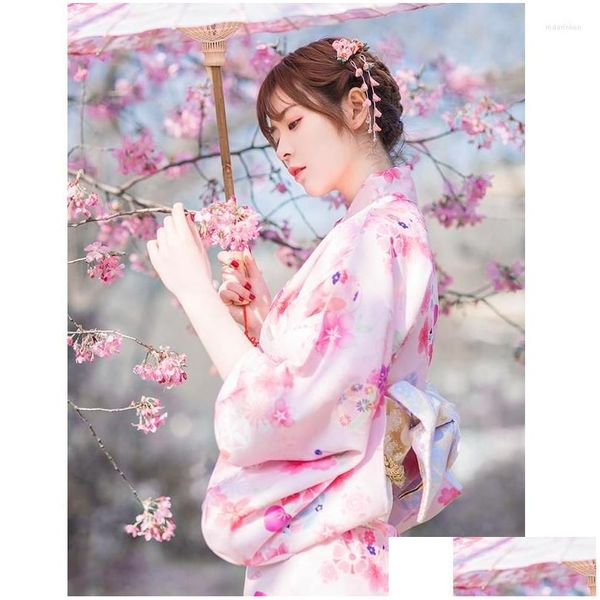 Vêtements ensembles de vêtements ethniques Femmes Japonais traditionnel kimono rose couleur imprimés floraux formels yukata robe longue robe cosplay co dhq4f