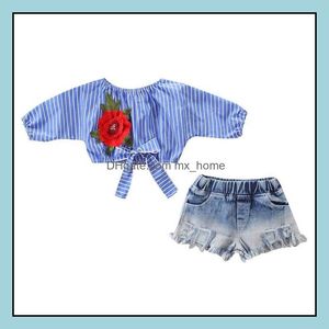 Kledingsets Europa Babymeisjes 2 stks Set Kids Flower Borduurwerk Bowknot Stripe Crop Tops Blouse and Jeans shorts Children Girl MxHome Dh3li