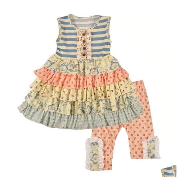 Ensembles de vêtements Style européen Bébés filles Coton Oufits Été Enfants Stripe Floral Dots Robe à volants Pantalon imprimé en dentelle 2pcs Costumes enfants Dhwez