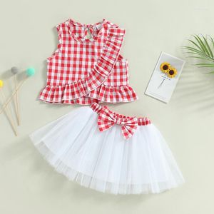 Kledingsets EWODOS 3-24 maanden 2 STUKS Geboren Baby Meisjes Zomeroutfits Rokken Set Mouwloze Plaid Print Ruches Tank Tops Tutu Rok