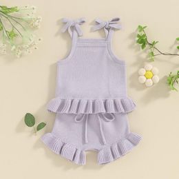 Ensembles de vêtements Ewodos Baby Girls Knit Shorts Tenues Couleur unie Sans manches Cami Tops avec taille élastique 2pcs Ensemble pour 0-18 mois