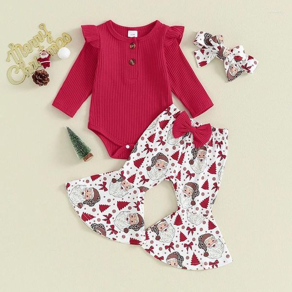 Conjuntos de ropa EWODOS Born Baby Girls 3 piezas Pantalones de Navidad Rojo Manga larga Volantes Body Santa Claus Estampado Diadema acampanada