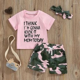 Kledingsets Ewodos Little Girl Summer Kleding Korte mouw Letter Afdrukken met camouflagepatroon shorts en hoofdband 3 pc's outfit