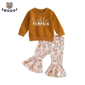 Kledingsets EWODOS Peuter Baby Meisje Herfstoutfit Briefprint Sweatshirts met lange mouwen Pompoen Flare Broek 2-delige Thanksgiving-set