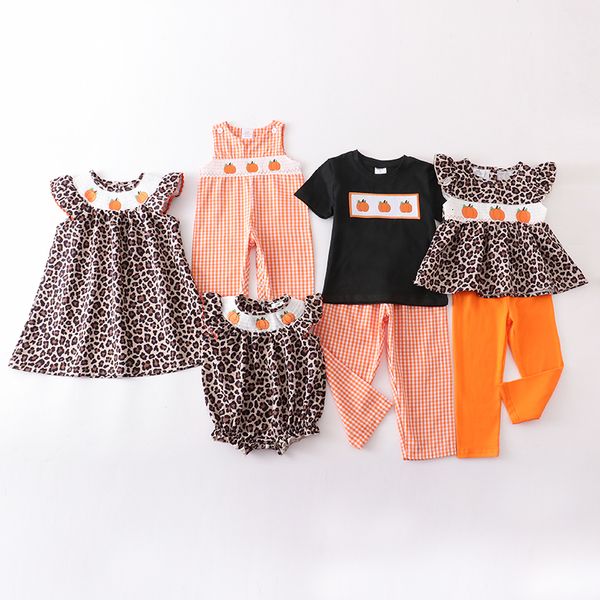 Ensembles de vêtements Exclusif Girlymax Frère et Sœur Automne Bébé Filles Garçons Léopard Citrouille Pantalon Ensemble Volants Barboteuse Robe Smockée Enfants Boutique 230627