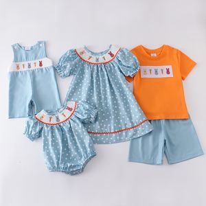 Ensembles de vêtements Exclusif Girlymax Printemps Pâques Frère et Sœur Bébés Filles Garçons Buny Shorts Ensemble Smockes Robe Tissée Lapin À Pois Barboteuse 230523