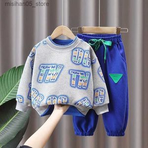 Kledingsets herfst kinderen jongens kleding tienermeisje letter packwork trui trui pullover en sport pant set kid sweatshirt top buttom tracksuit Q240425