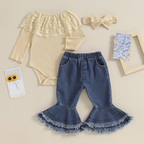 Ensembles de vêtements automne mignon bébé filles 3pcs enfants Toddler Tenues de dentelle COBLE LONCE LONGE ROMPRE LAVE JEANS BOUBLE BAND COMPRESS