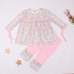 Ensembles de vêtements automne Design bébé filles vêtements à manches longues ensemble floral coton rose souffle costume doux enfants vêtements unis pour