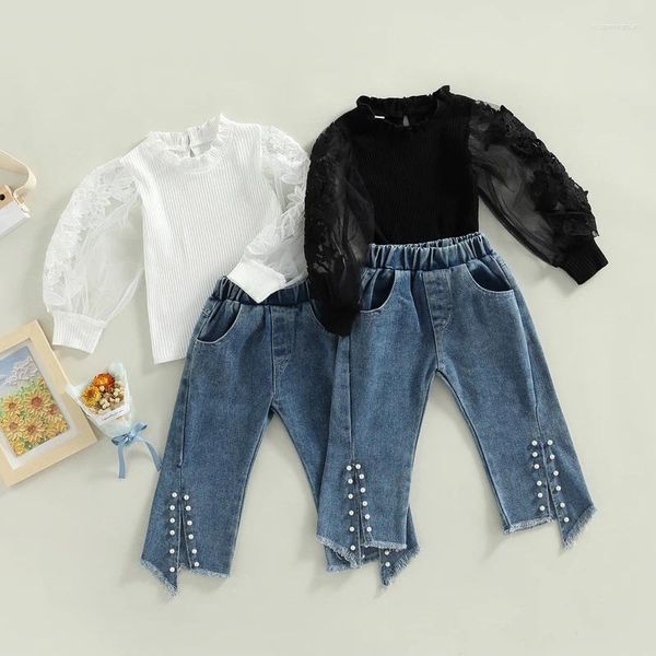 Ensembles de vêtements Automne Enfants Filles Vêtements Bébé Dentelle Sheer Puff Manches longues Tops côtelés Perle Split Pantalon Jeans Enfants Tenues 1-6Y