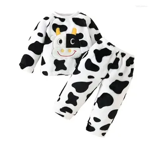 Ensembles de vêtements Automne Hiver Vêtements pour bébés Costume polaire à manches longues imprimé vache T-shirt haut taille élastique pantalon 3-24 mois enfant en bas âge garçon fille