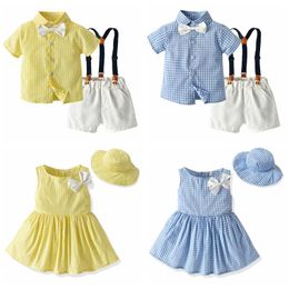 Kleding sets familie plaid broer en zus kinderen matching outfits jongens gentleman pak + prinses meisjes tutu jurk kinderkleding