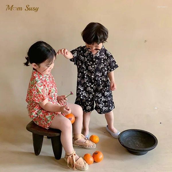 Ensembles de vêtements Mode bébé garçon fille vêtements floraux ensemble chemise shorts 2 pièces été enfant costume de vacances en mousseline de soie à manches courtes 1-7 ans